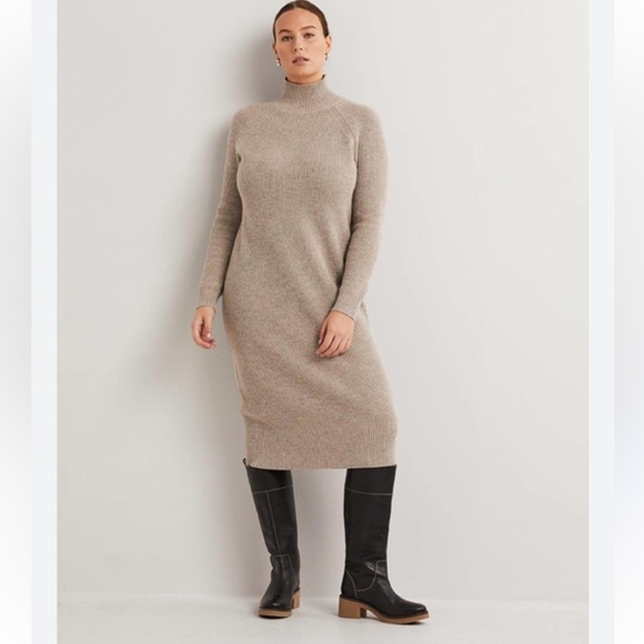 Boden Long Sleeve Mock Neck Wool Blend Tan Ribbed Sweater Midi Dress Size 6 - Picture 1 of 12